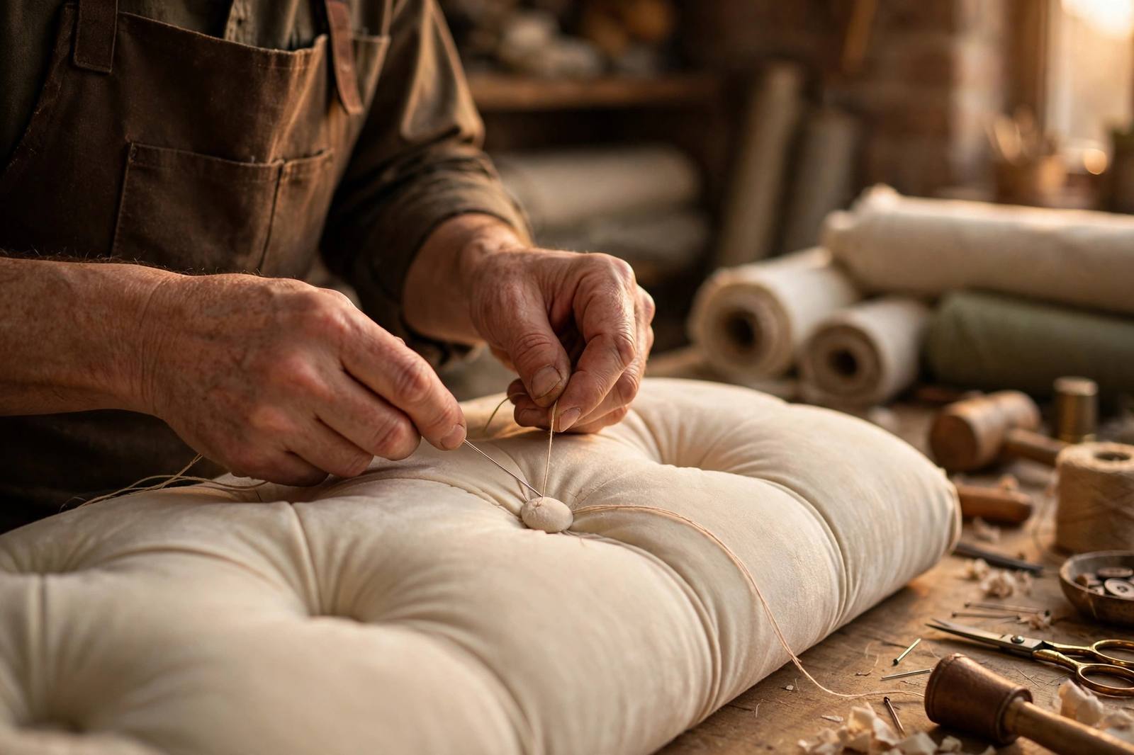 Hand-stitching a button-tufted headboard in the workshop