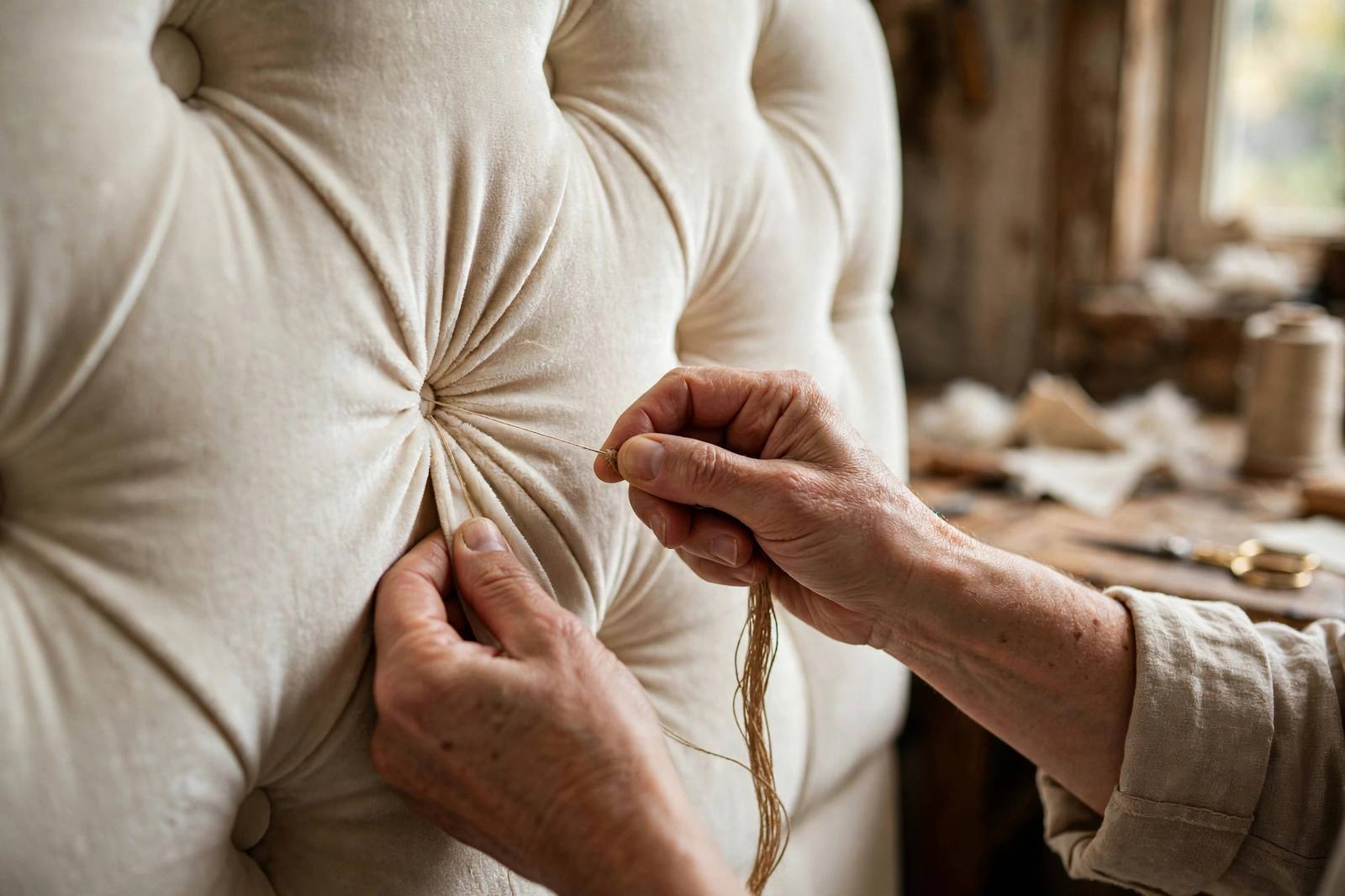 Hands stitching upholstery in the workshop