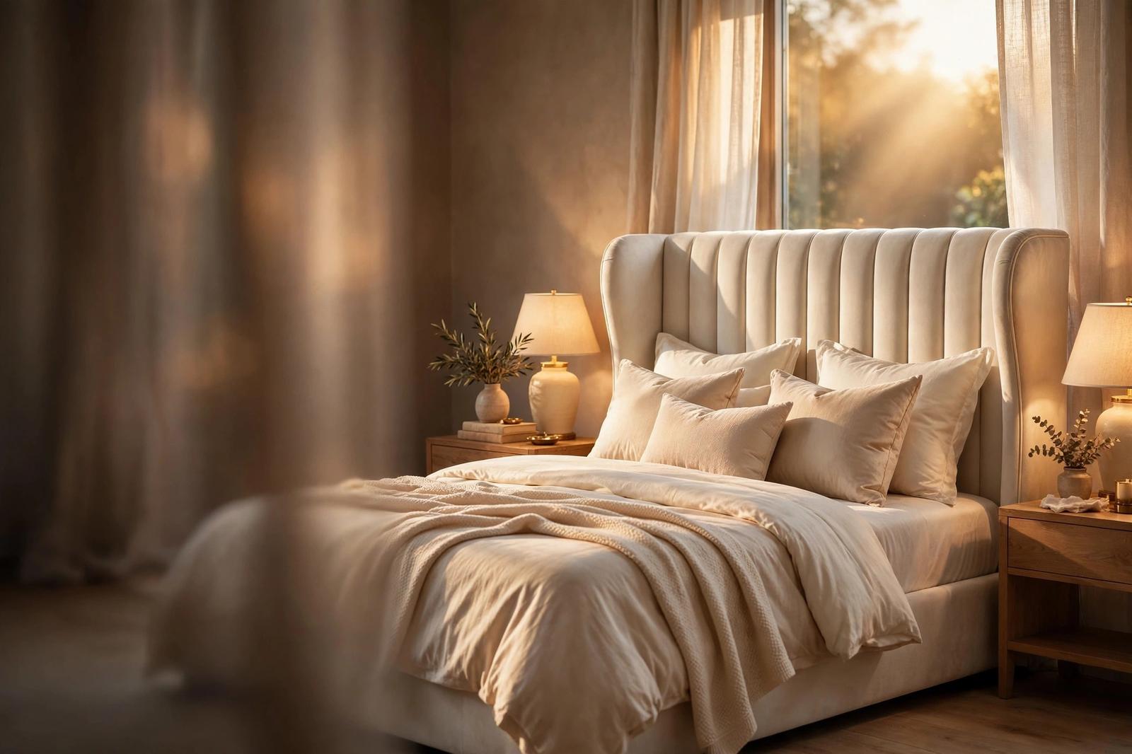 Grand winged bed in a warm bedroom — Cool & Comfy