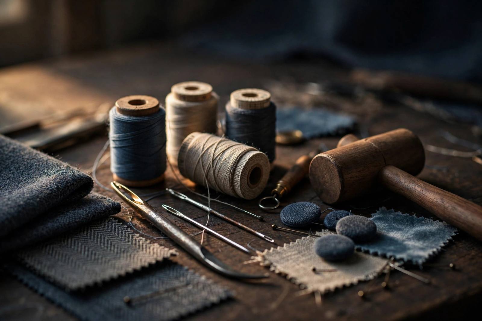 Upholstery tools and fabric swatches